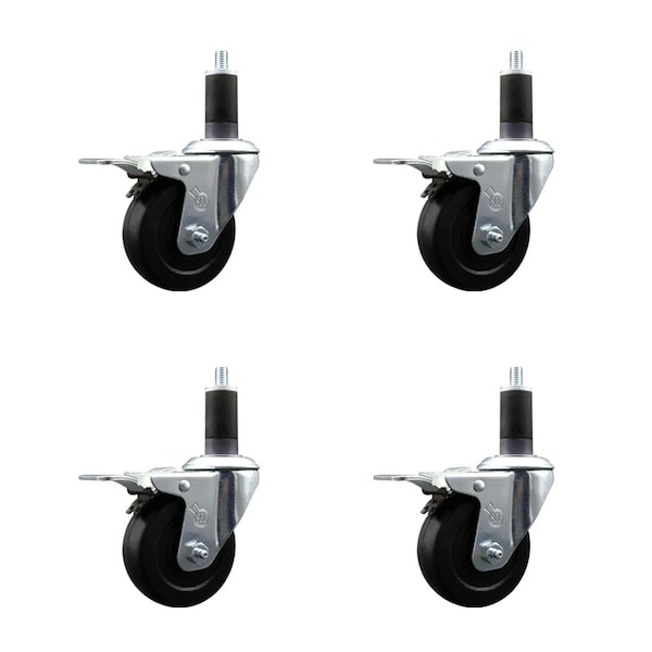 3.5'' Hard Rubber Swivel 1-1/4'' Expanding Stem Caster Set Total Lock Brake, 4PK